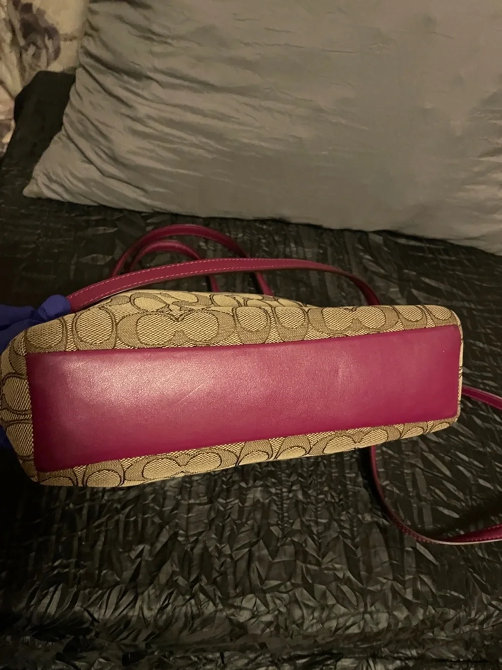 Coach Brown Signature Canvas Shoulder Bag with Raspberry Trim - Picture 9 of 17